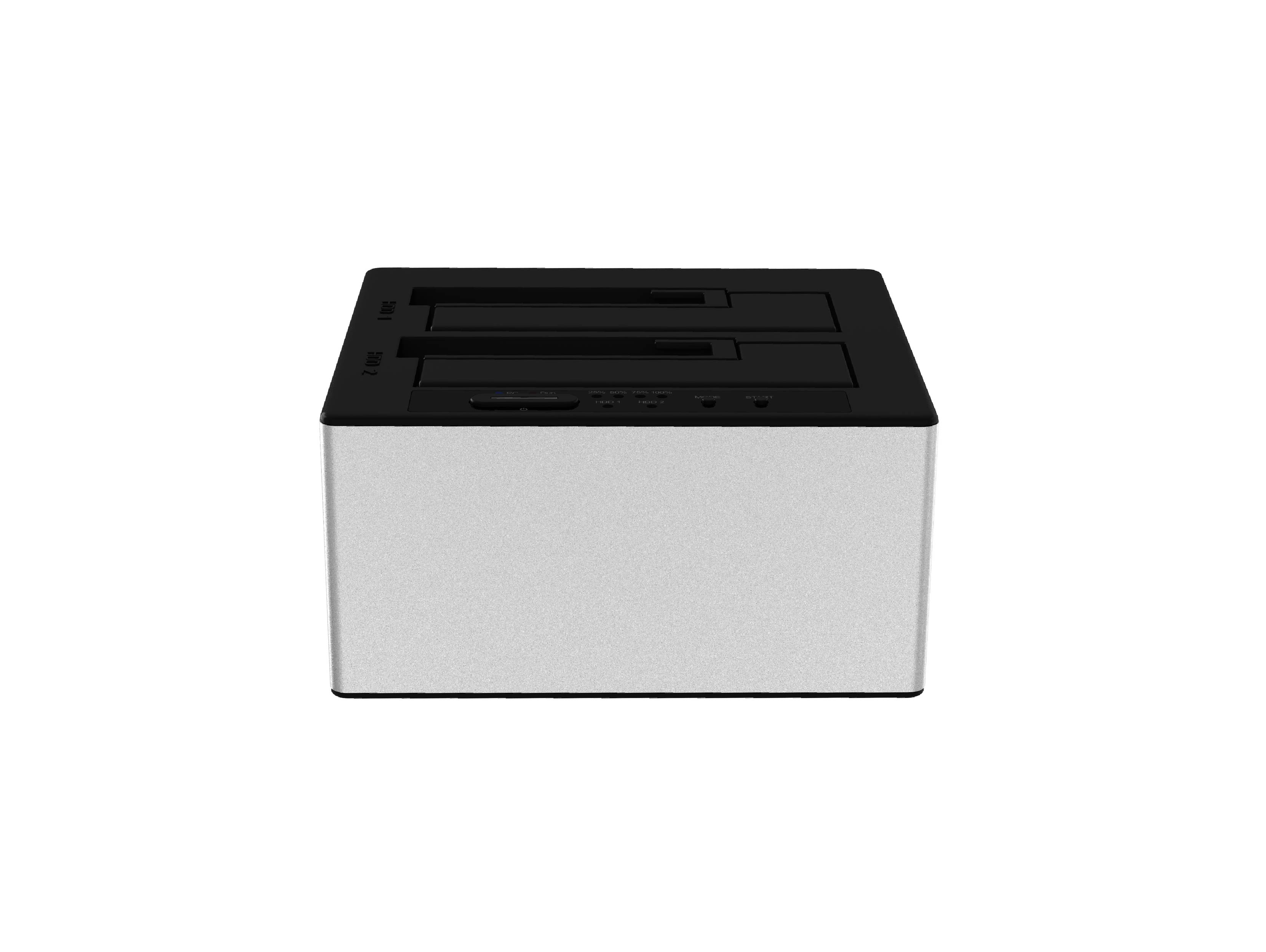 2 Bay SATA SSD/HDD Duplicator (SI-7925USJ3-D), applicable 2x 3.5"or 2.5" SATA HDD/SSD, support PC Mode & Clone mode switchable, USB-B 5Gbps to host.